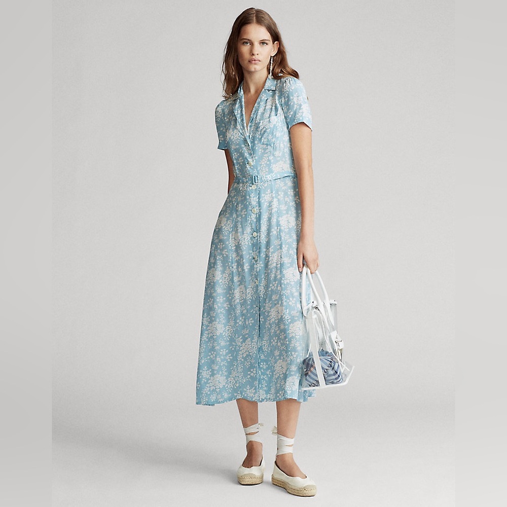 Polo Ralph Lauren Floral Blue & White Button-down Belted Midi Dress - Size 0